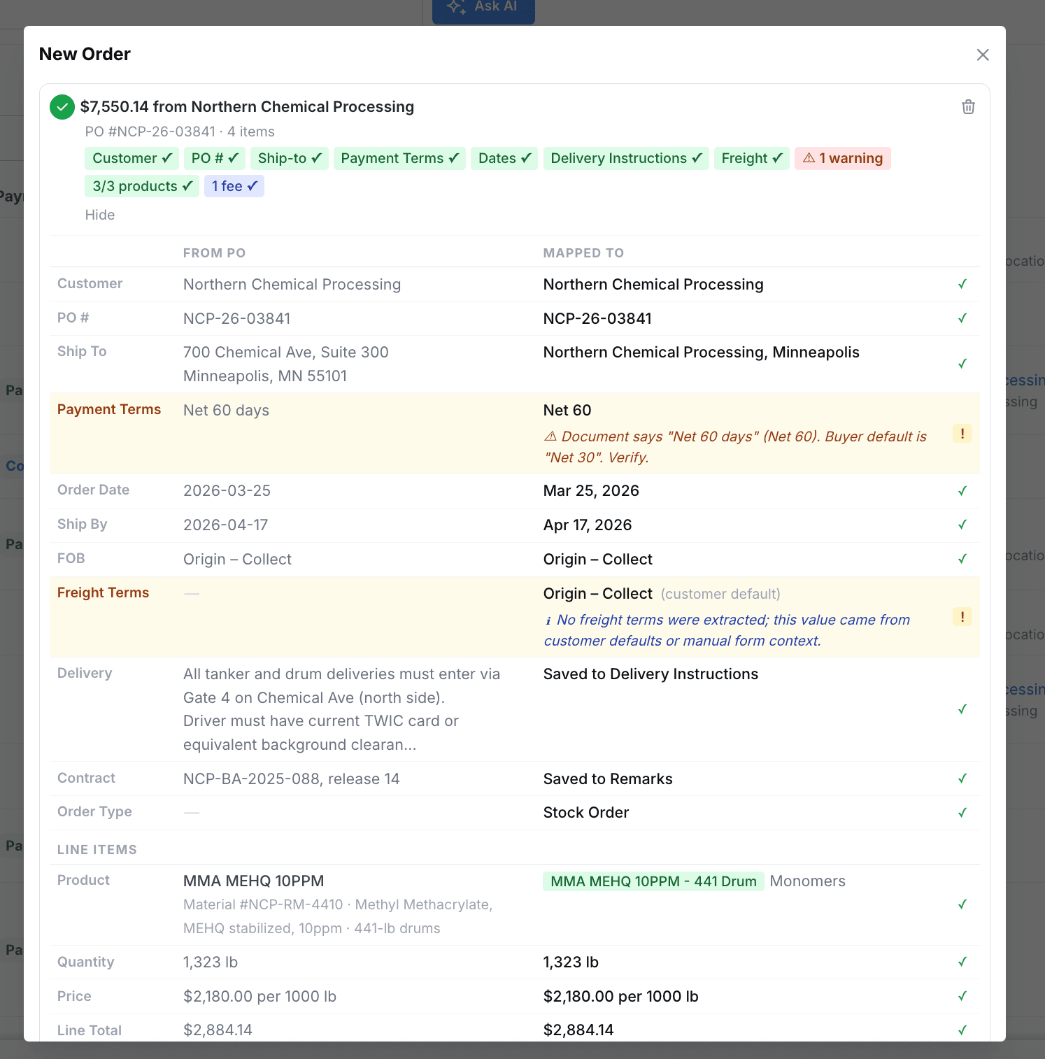 ShelfCycle's AI Order Entry Agent mapping an incoming purchase order to customer, payment-term, shipping, product, quantity, and pricing records while flagging a payment-terms discrepancy